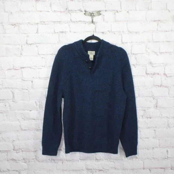 LL Bean Classic Ragg Wool Sweater Henley Nautical Navy Size Medium - Picture 9 of 10
